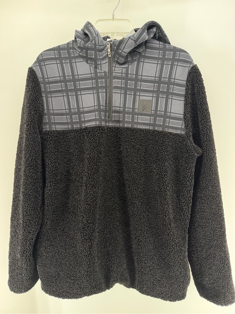 adidas Black Sherpa Zip-Up with Gray Plaid Yoke
